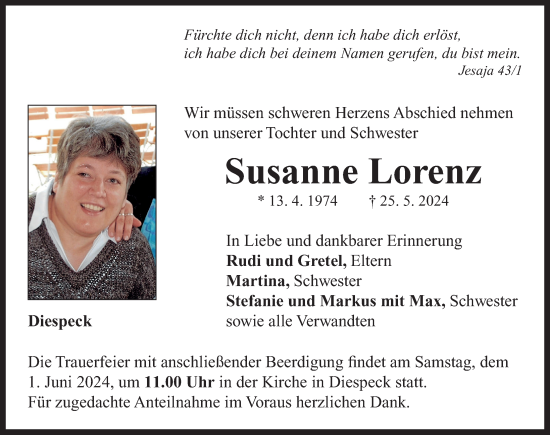 Traueranzeige von Susanne Lorenz von Neustadt/ Scheinfeld/ Uffenheim