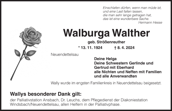 Traueranzeige von Walburga Walther von Ansbach
