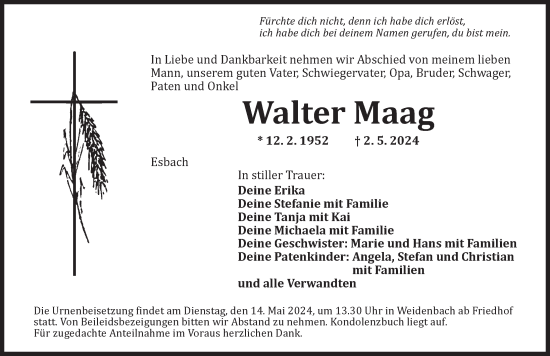 Traueranzeige von Walter Maag von Ansbach