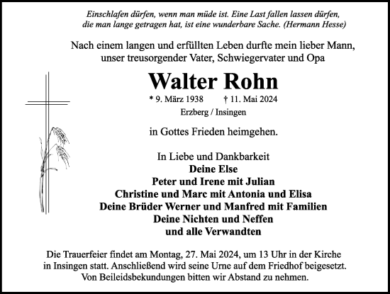 Traueranzeige von Walter Rohn von Rothenburg