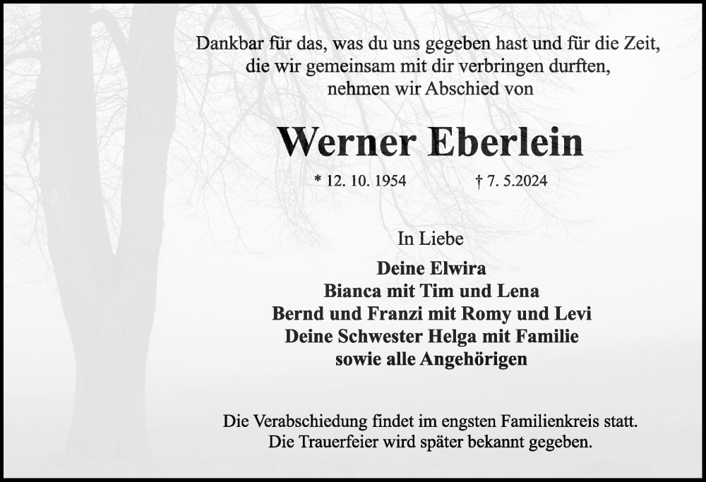  Traueranzeige für Werner Eberlein vom 11.05.2024 aus Dinkelsbühl/ Feuchtwangen
