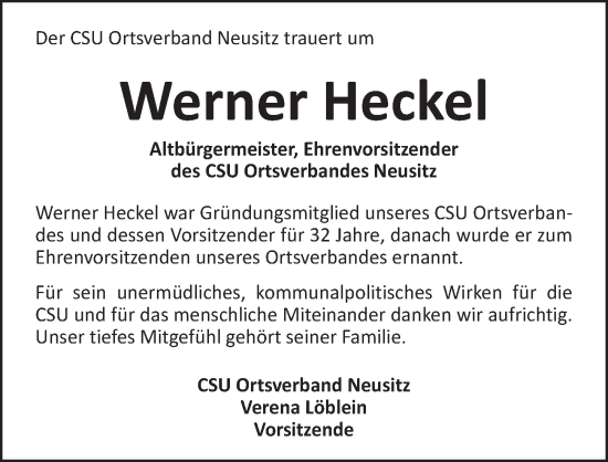 Traueranzeige von Werner Heckel von Rothenburg