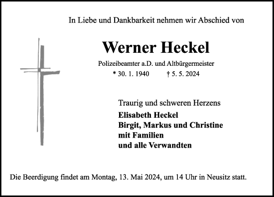 Traueranzeige von Werner Heckel von Rothenburg