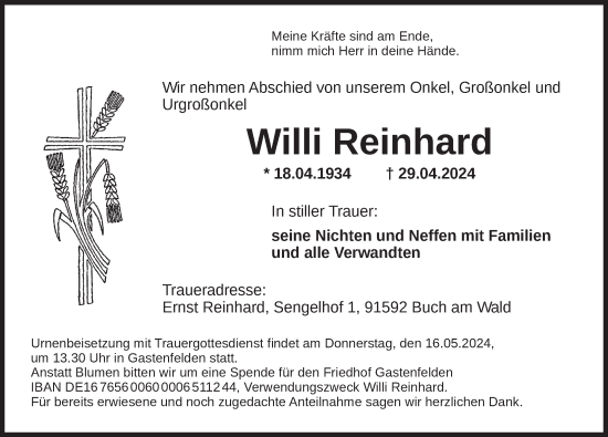 Traueranzeige von Willi Reinhard von Rothenburg