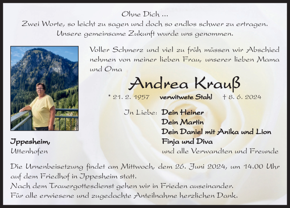  Traueranzeige für Andrea Krauß vom 22.06.2024 aus Neustadt/ Scheinfeld/ Uffenheim