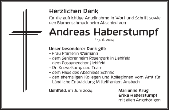 Traueranzeige von Andreas Haberstumpf von Ansbach