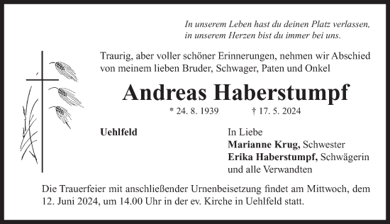 Traueranzeige von Andreas Haberstumpf von Neustadt/ Scheinfeld/ Uffenheim