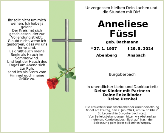 Traueranzeige von Anneliese Füssl von Ansbach