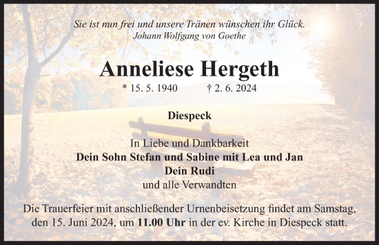 Traueranzeige von Anneliese Hergeth von Neustadt/ Scheinfeld/ Uffenheim