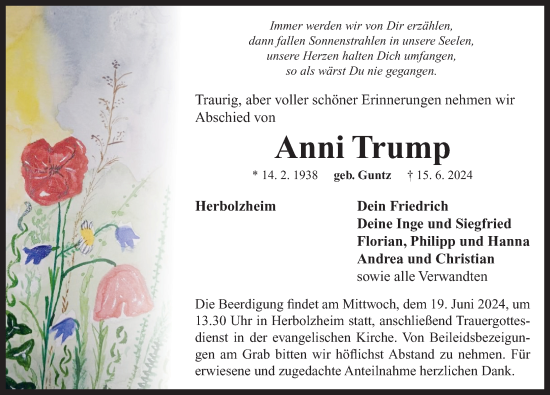 Traueranzeige von Anni Trump von Neustadt/ Scheinfeld/ Uffenheim