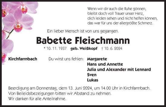 Traueranzeige von Babette Fleischmann von Neustadt/ Scheinfeld/ Uffenheim