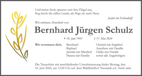 Traueranzeige von Bernhard Jürgen Schulz von Neustadt/ Scheinfeld/ Uffenheim