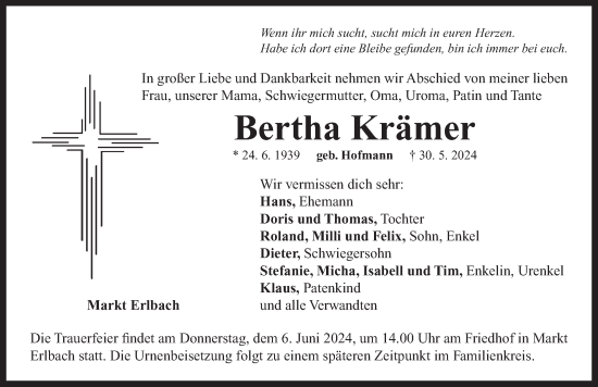 Traueranzeige von Bertha Krämer von Neustadt/ Scheinfeld/ Uffenheim