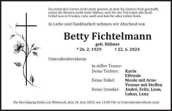 Traueranzeige von Betty Fichtelmann von Neustadt/ Scheinfeld/ Uffenheim
