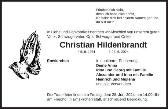 Traueranzeige von Christian Hildenbrandt von Neustadt/ Scheinfeld/ Uffenheim