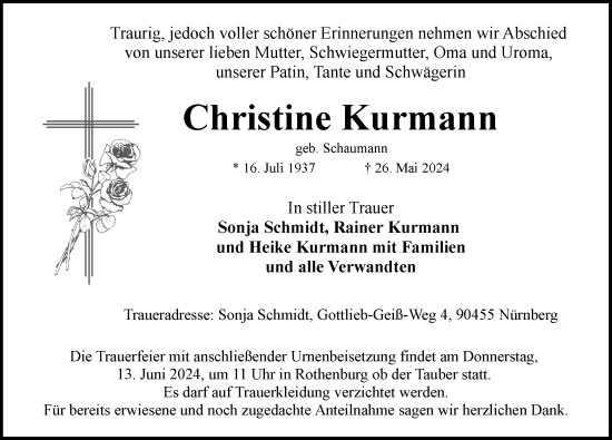 Traueranzeige von Christine Kurmann von Rothenburg
