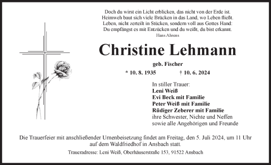 Traueranzeige von Christine Lehmann von Ansbach