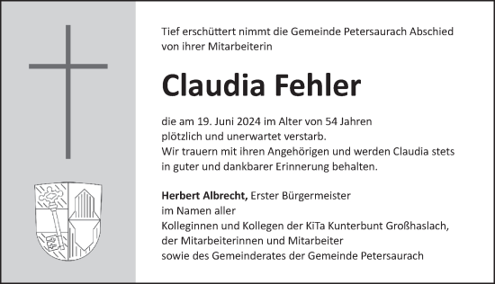 Traueranzeige von Claudia Fehler von Ansbach