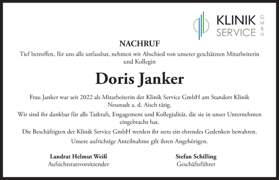 Traueranzeige von Doris Janker von Neustadt/ Scheinfeld/ Uffenheim