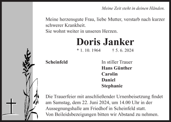 Traueranzeige von Doris Janker von Neustadt/ Scheinfeld/ Uffenheim