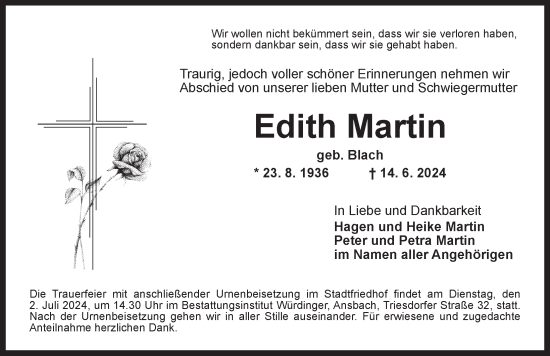 Traueranzeige von Edith Martin von Ansbach