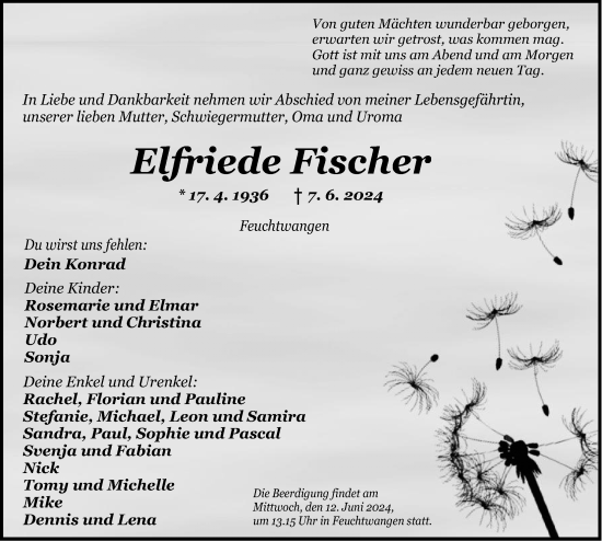 Traueranzeige von Elfriede Fischer von Dinkelsbühl/ Feuchtwangen