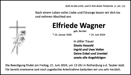 Traueranzeige von Elfriede Wagner von Rothenburg