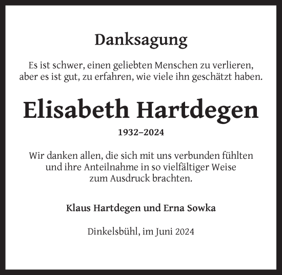 Traueranzeige von Elisabeth Hartdegen von Dinkelsbühl/ Feuchtwangen