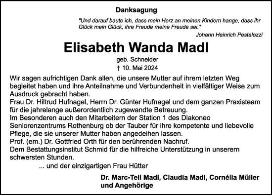 Traueranzeige von Elisabeth Wanda Madl von Rothenburg