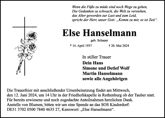 Traueranzeige von Else Hanselmann von Rothenburg