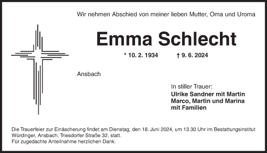 Traueranzeige von Emma Schlecht von Ansbach