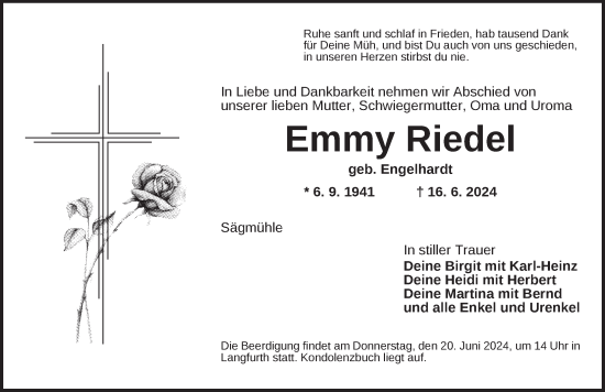 Traueranzeige von Emmy Riedel von Dinkelsbühl/ Feuchtwangen
