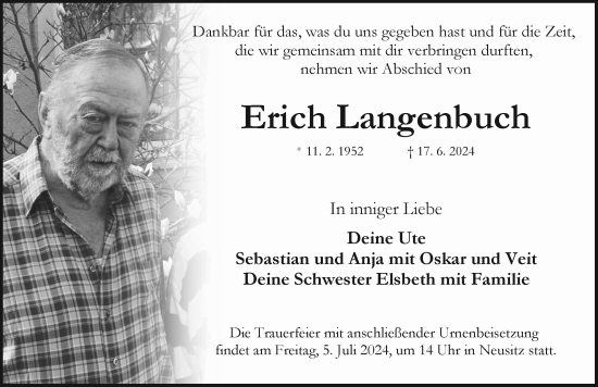 Traueranzeige von Erich Langenbuch von Rothenburg