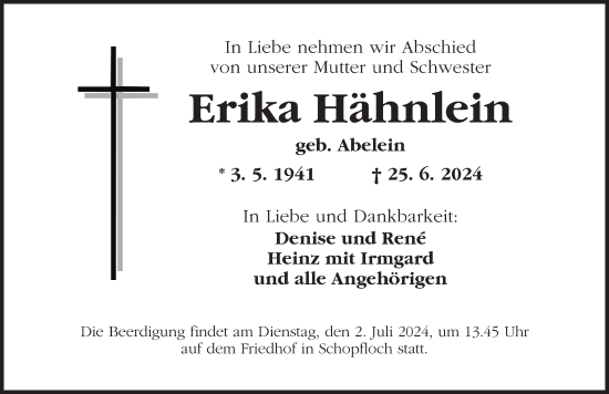 Traueranzeige von Erika Hähnlein von Dinkelsbühl/ Feuchtwangen