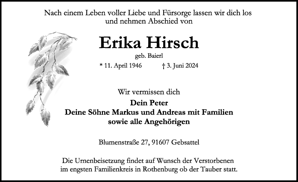  Traueranzeige für Erika Hirsch vom 08.06.2024 aus Rothenburg