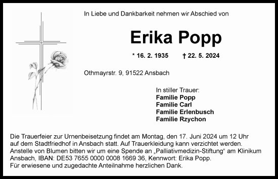 Traueranzeige von Erika Popp von Ansbach