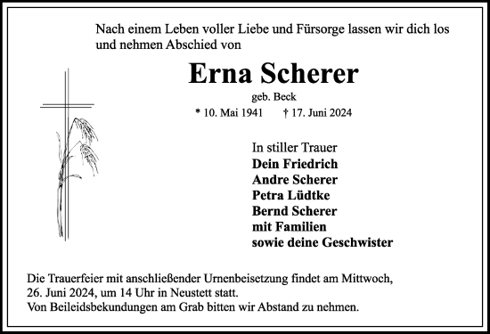 Traueranzeige von Erna Scherer von Rothenburg