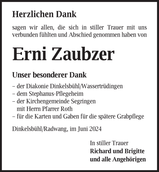 Traueranzeige von Erni Zaubzer von Dinkelsbühl/ Feuchtwangen