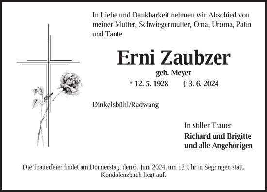 Traueranzeige von Erni Zaubzer von Dinkelsbühl/ Feuchtwangen