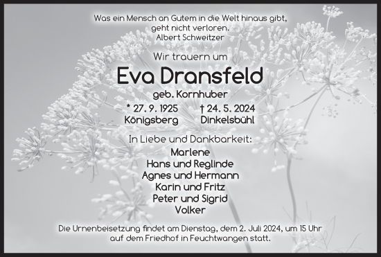 Traueranzeige von Eva Dransfeld von Dinkelsbühl/ Feuchtwangen