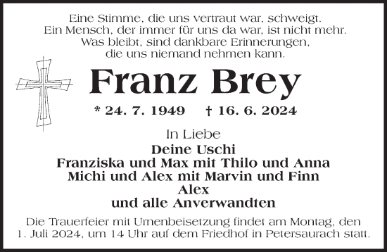 Traueranzeige von Franz Brey von Ansbach