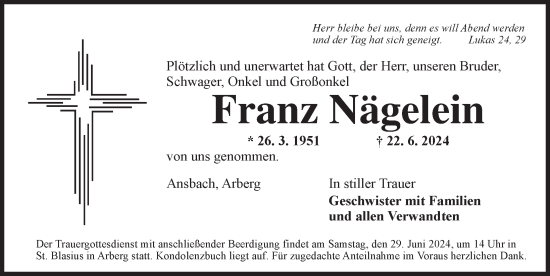 Traueranzeige von Franz Nägelein von Dinkelsbühl/ Feuchtwangen