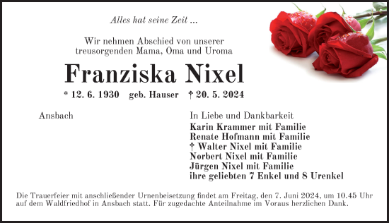 Traueranzeige von Franziska Nixel von Ansbach