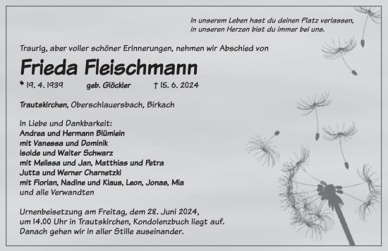 Traueranzeige von Frieda Fleischmann von Neustadt/ Scheinfeld/ Uffenheim