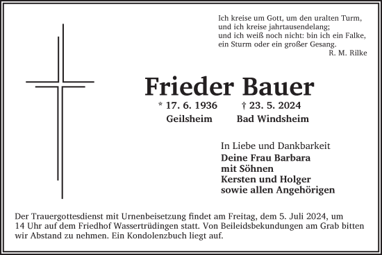 Traueranzeige von Frieder Bauer von Ansbach