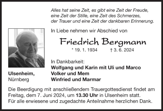 Traueranzeige von Friedrich Bergmann von Neustadt/ Scheinfeld/ Uffenheim