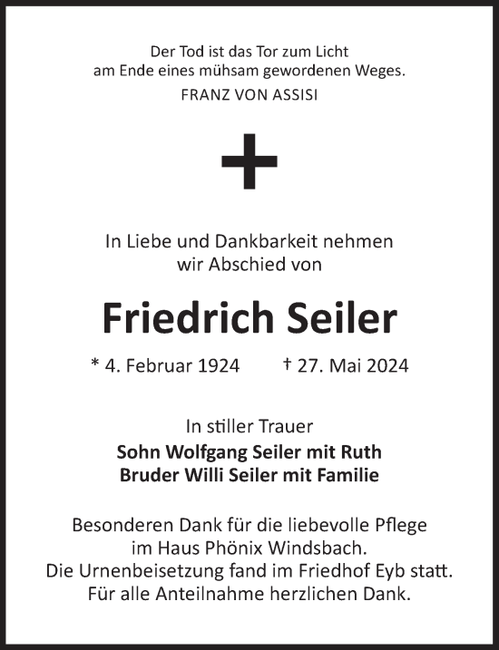 Traueranzeige von Friedrich Seiler von Ansbach