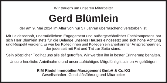 Traueranzeige von Gerd Blümlein von Ansbach