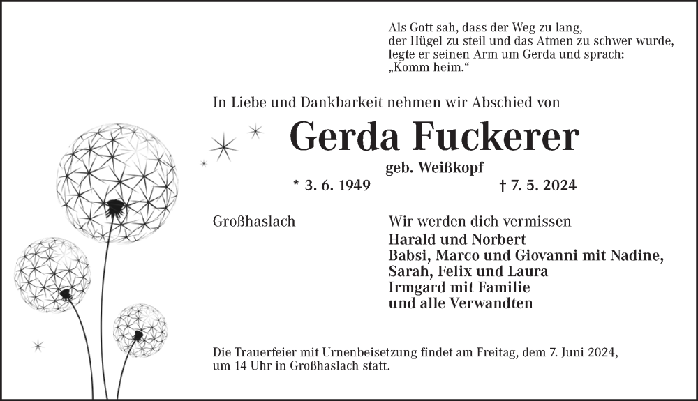  Traueranzeige für Gerda Fuckerer vom 01.06.2024 aus Ansbach