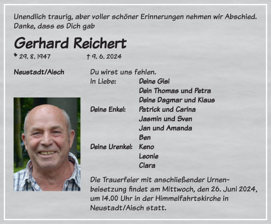 Traueranzeige von Gerhard Reichert von Neustadt/ Scheinfeld/ Uffenheim